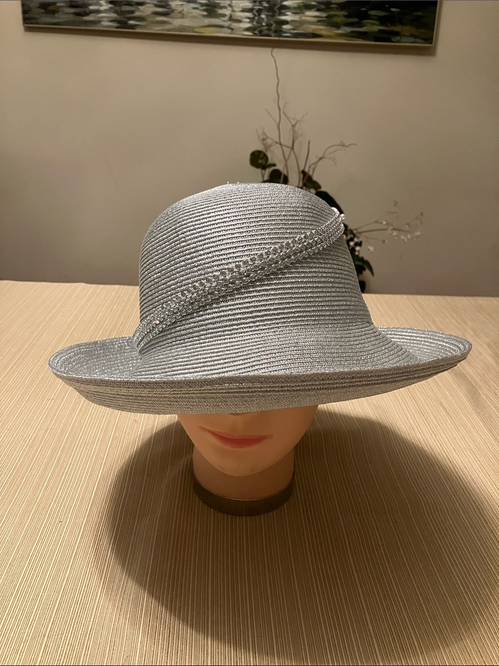 Elegant Metallic Silver Wide-Brim Hat with Rhinestone Decorative Trim